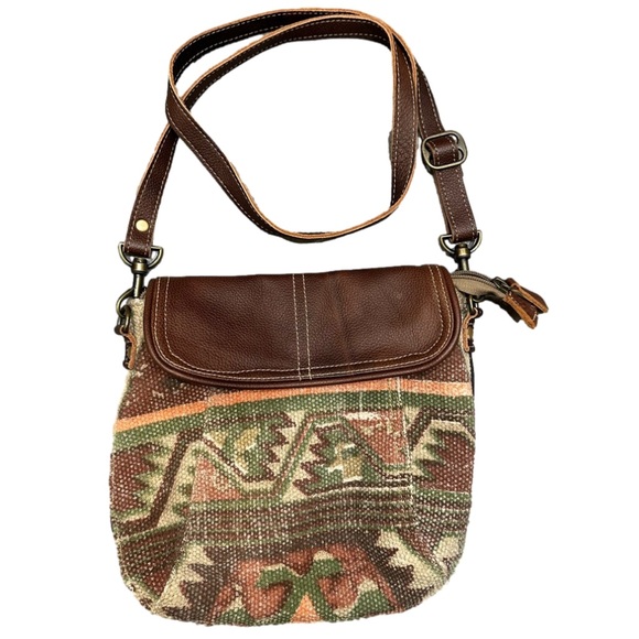 Myra Bag Handbags - Myra bag crossbody tan gray leather boho woven western southwest canvas